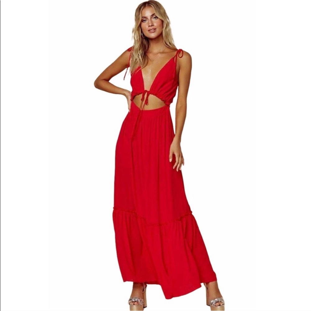Blue Life red front tie maxi dress